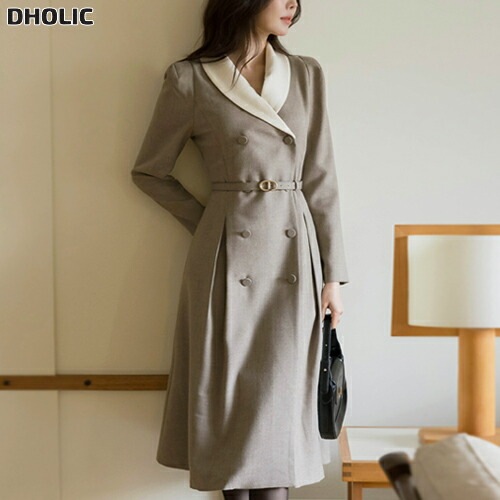 ウール混ピンタック肩パッドAラインダブルボタンショールカラー配色ワンピースベルト付・1955692