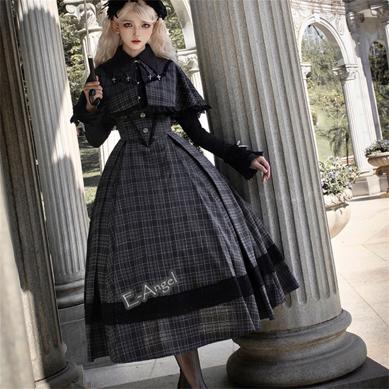 ロリータ ワンピース チェック柄 ブラックグレー ジャンスカワンピース ゴシック コスプレ jk制服 マント 復古cla系 チェックワンピース 重ね着