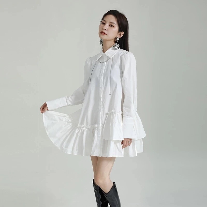 【J.Fashion】 Aライン ショートワンピース 不規則 ドッキングワンピース 体型カバーチュニック レディースワンピース シャツワンピース 「ベルトは店で購入可能」 メガ割30%までに制限