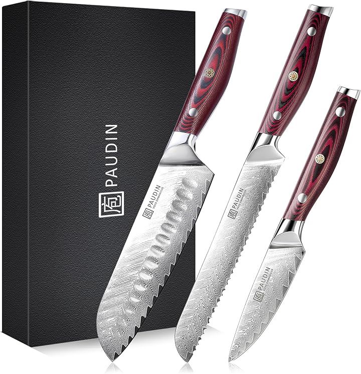 鳥羽 高級シリーズ 包丁セット 三徳包丁・パン切り包丁・果物ナイフ 3点セット ダマスカス 67層 VG10 ステンレス G10柄 両刃 鋭い切れ味 キッチンナイフ 家庭用(シルバー)