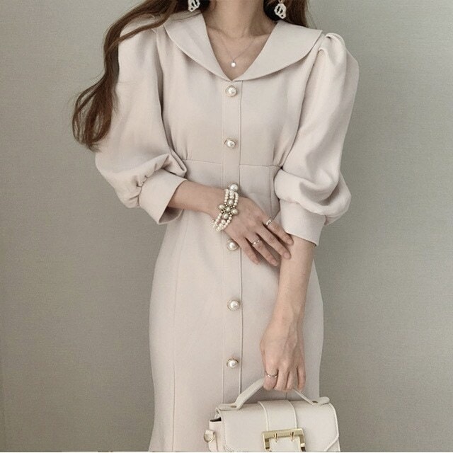 【送料無料】レディース 2色 パフスリーブ マーメイド ワンピース パールボタン 襟付き ハイウエスト お呼ばれ パーティー フォーマル 大人可愛い ママコーデ ママファッション 韓国系