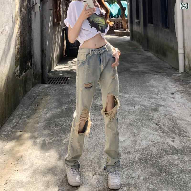 デニムパンツ レディース ダメージ ジーンズ クラッシュ ボトムス 夏 レトロ アメリカン ストリート ストレート ブルーロングパンツ