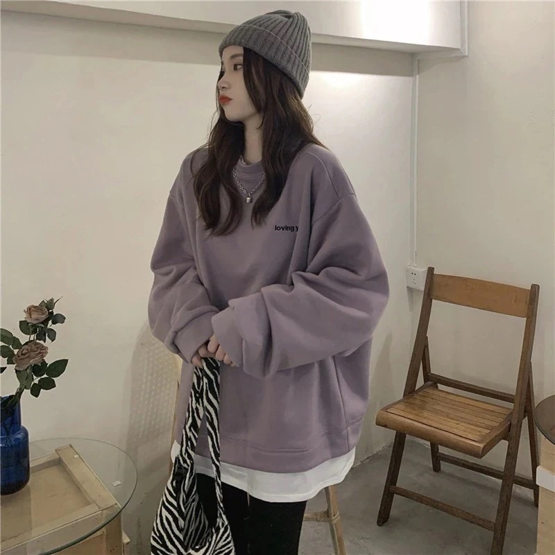 ベーシックニット パープルのクルーネックコート婦人服ダウンプラス厚手オーバーサイズゆったりけだるい風トップスEC449