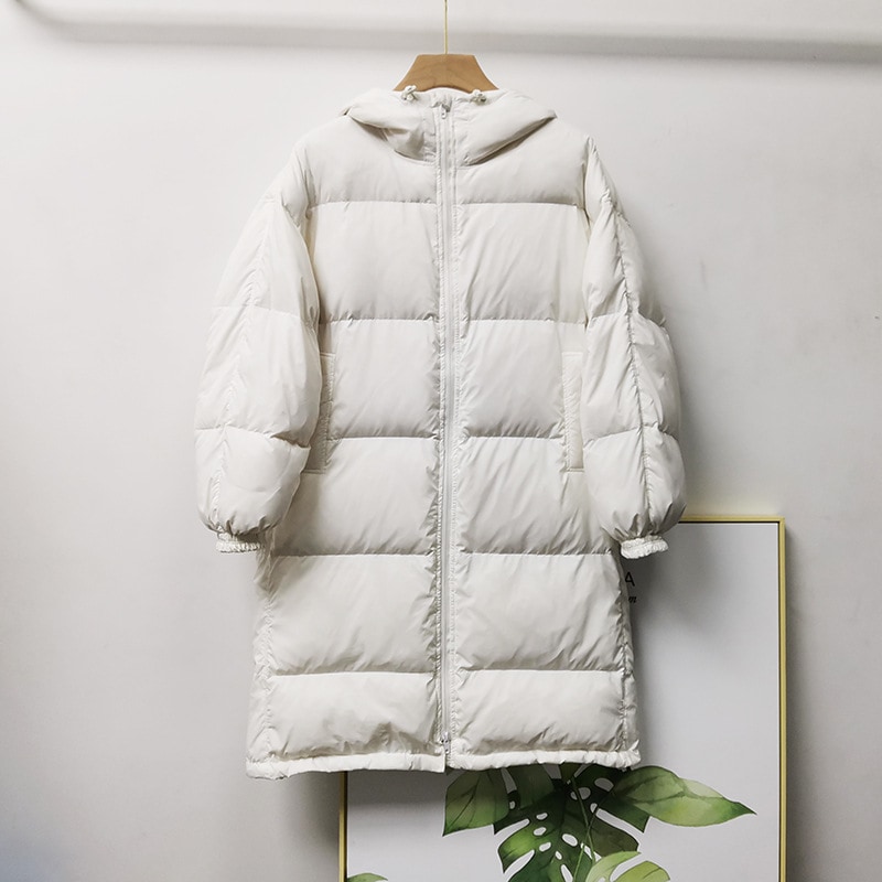 2025年秋冬新作韓国風厚手ダウンジャケットレディースミドル丈フード付きゆったり暖かいホワイトダックダウンジャケット