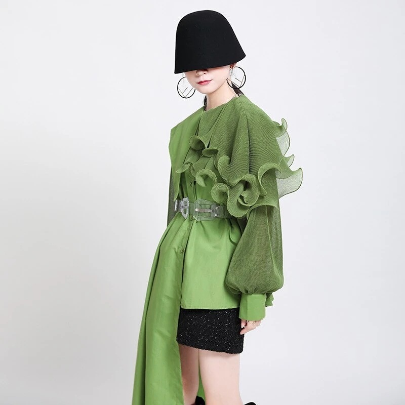 ス春夏デザインヴィンテージイレギュラーパッチワークプリーツシャツス（ベルト付き）ドレス