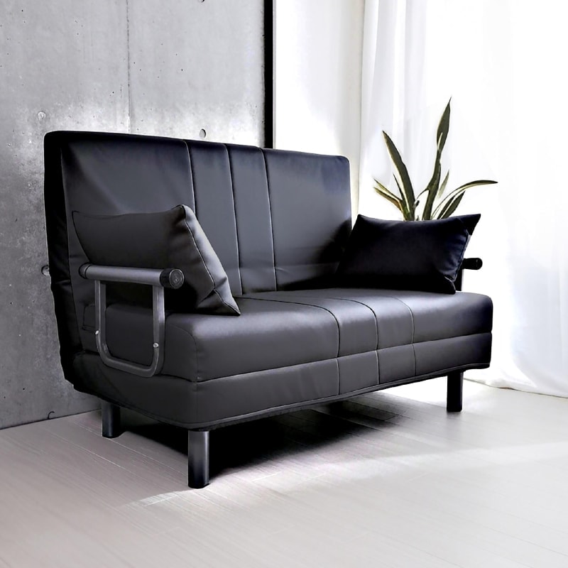 ソファーベッド 2人掛け 脚付き ソファーベッド セミダブル アーム付きソファ 折りたたみ 省スペース コンパクトでワイド PVCレザー／ブラック PVCレザー VISBY 新品 送