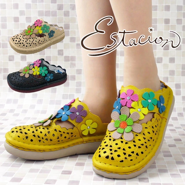 エスタシオン レディース 厚底 疲れない クロッグサンダル 履きやすい サボサンダル 歩きやすい カジュアルシューズ 痛くない コンフォートシューズ TGE485 イエロー アイボリー ネイビー 本革