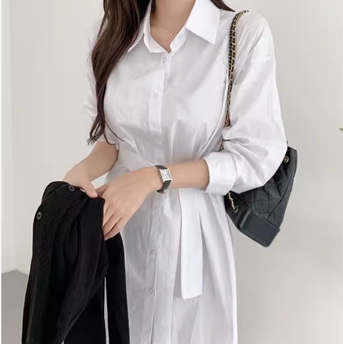 ワンピース シャツ ショート丈 長袖 前開き ボタン 襟付き 無地 薄手 かわいい 大人 きれいめ シンプル カジュアル 上品 おしゃれ かっこいい 女子 こなれ感 ルーズ 個性的 クール モード系