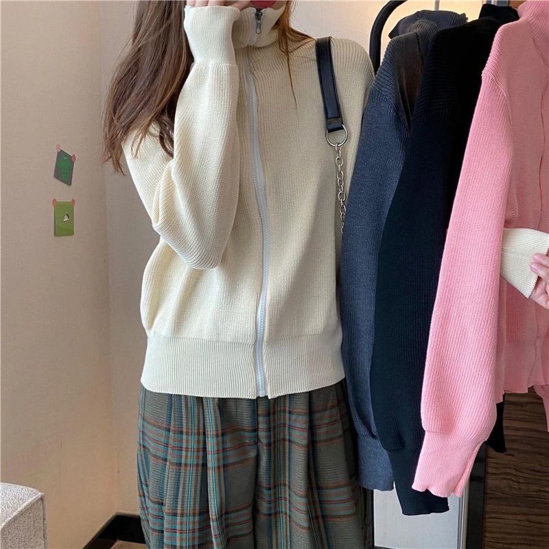 ニット カーディガン 秋 冬 レディース ファッション 韓国 ハイネック リブ メンズライク カジュアル 部屋着 ジャージ ゆる フリーサイズ トレンド スウェット 公園 スポーティー