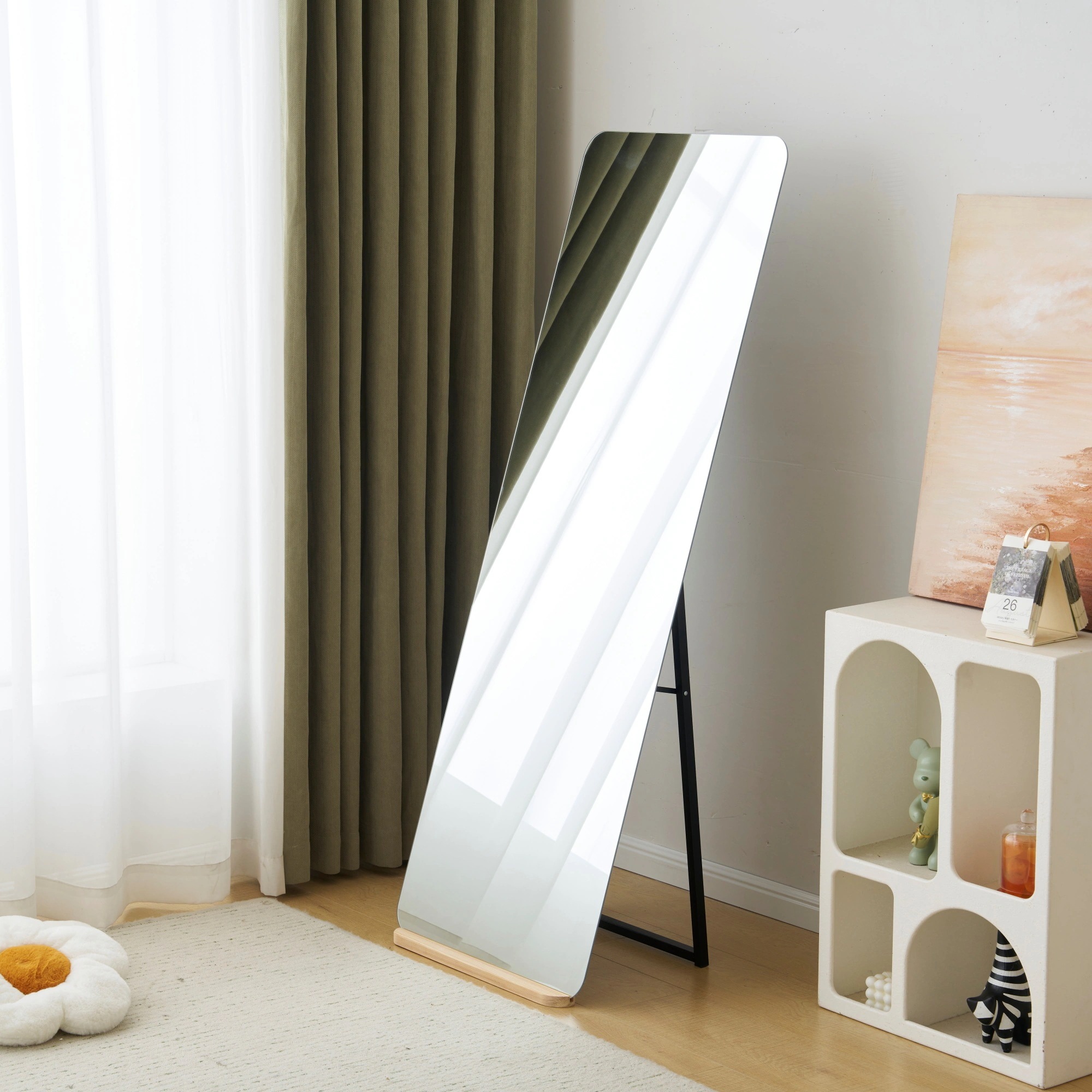 【丸角長方形LEDなし】【45×155cm】全身鏡 ミラー 玄関 全身 姿見 おしゃれ ウェーブミラー スタンド 壁掛け 立て掛け DIY 自撮り鏡 姿見 ミラー 鏡 壁掛け鏡 全身鏡 飛散防止