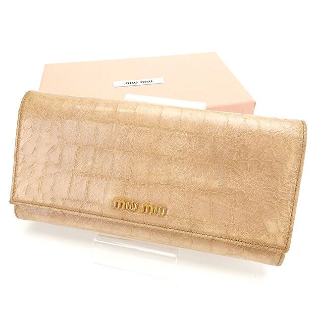 長財布 ファスナー 二つ折り クロコダイル調 ピンクベージュ ゴールド 中古 13,199円