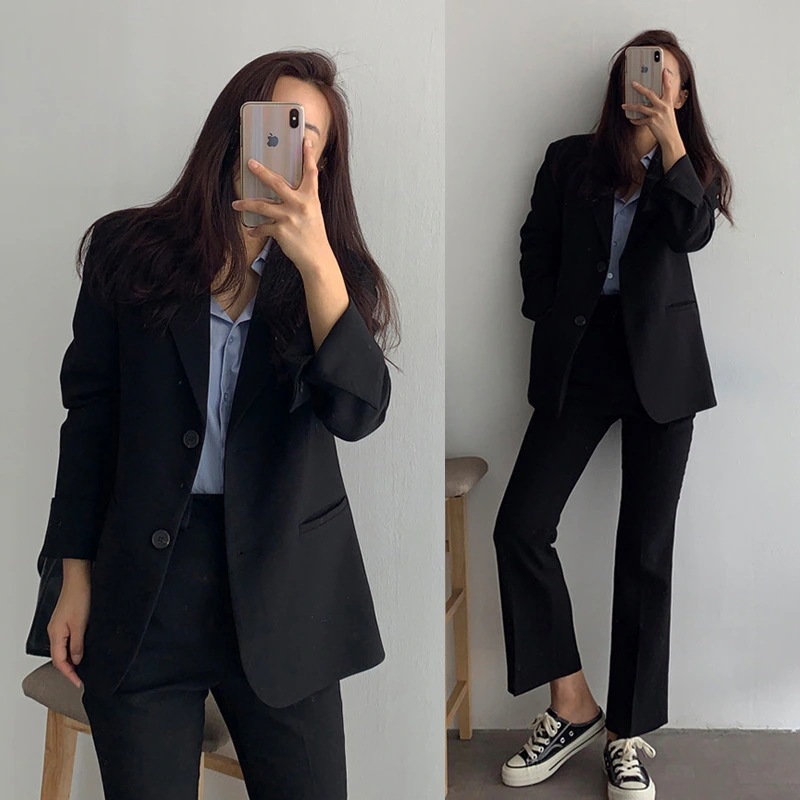 【期間限定】ブラックブレザーの韓系スーツ セットアップ 通勤 レディースファッション 職業服 作業服 OLオフィス ビジネス 入園式 入学式