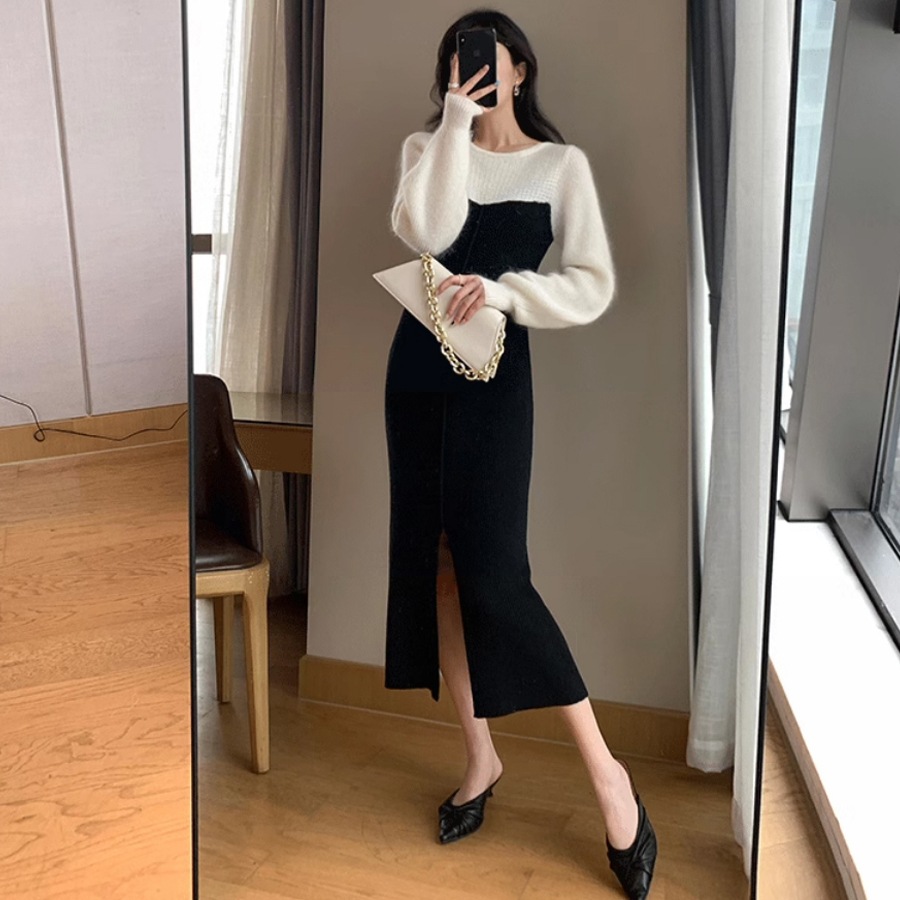 バイカラーニットワンピース ミモレ丈 レディース ニットワンピ 長袖 ラウンドネック ハイウエスト きれいめ シンプル カジュアル おしゃれ エレガント 通勤 お出かけ 休日 ショッピング カフェ
