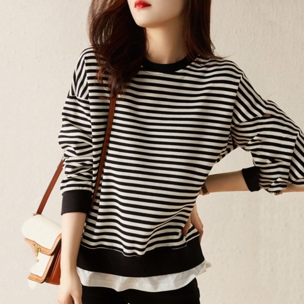 【ファッション レイヤード 上品】さたっぷり カジュアル 丸ネック ボーダー パーカー