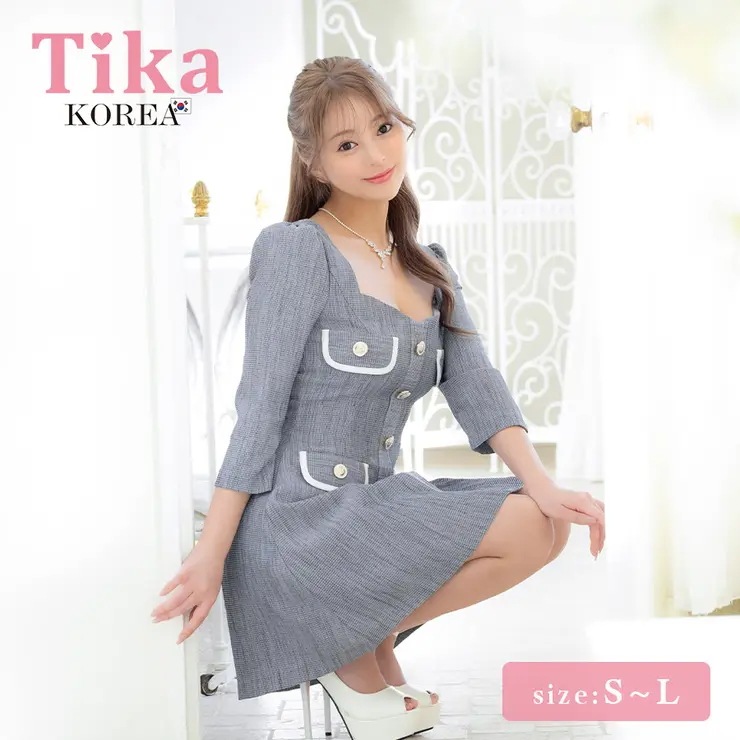 Tika 韓国キャバドレス パイピングフェイクポケットフレアミニドレス ガーリードレス ゴールドボタン七分袖 Aライン スクエアネック パフスリーブ S-Lサイズ グレー uka