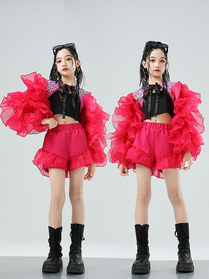 キッズ 子供用 ダンス衣装 ヒップホップ セットアップ ボリューム ショット丈 トップス 黒 キャミソール フリル ショットパンツ 女の子 ジャズ ダンス 衣装 発表会 派手 目立つ ジュニア