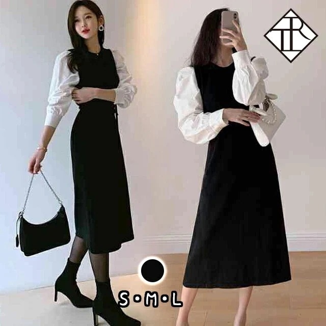 【即納】ワンピース レディース ロング丈 ニット ワンピース ニットワンピ カジュアル 長袖 大きいサイズ 春 夏 秋冬 ワンピ クルーネック バルーンスリーブ デート オフィスカジュアル ドッキング