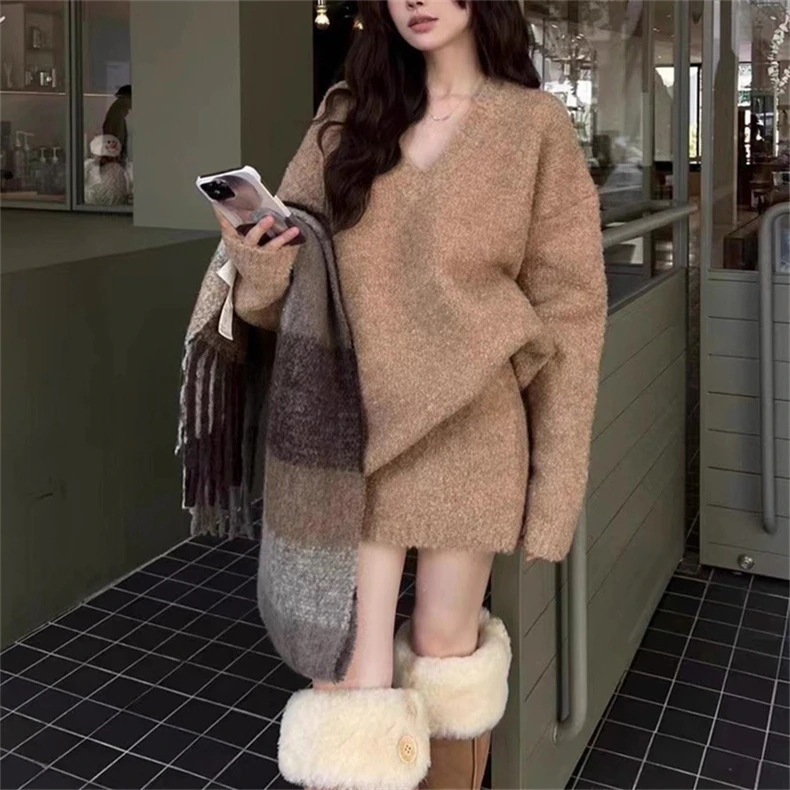 [本日限り激安SALE]二点セット ファッション 厚手Vネックトップス レディース ニットスーツ 涼しく楽ちんセットアップ春新作セーターセットカーディガン セットアップ 品質良い