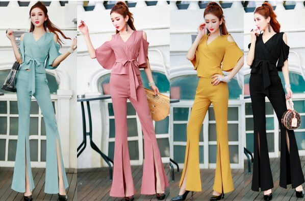 夏服Vネック女性スキニーホーンパンツ セットアップ Tシャツ ズボン スキニーパンツ ロング丈 半袖 Vネック スリム ウエストリボン スリット 切り替えデザイン 2点セット 大人可愛い カジュアル