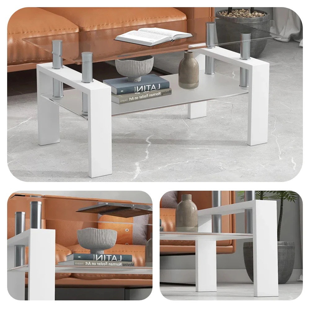 148ガラステーブル コーヒーテーブル 幅88cm 強化ガラス天板 スチール脚 収納付き 二段収納 おしゃれ リビング用テーブル 棚付き 一人暮らしに最適 大容量収納