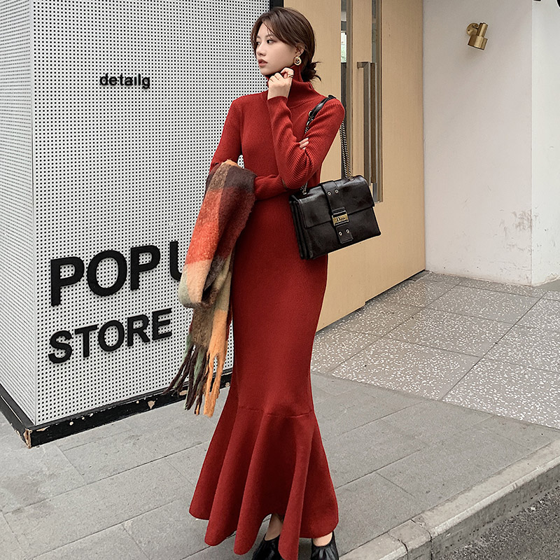 ハイネック リブ マーメイド ロング ニットワンピース リブニットワンピース リブニット ワンピース ドレス ニットワンピ マーメイドワンピース 上品 大人 カジュアル ４カラー D388