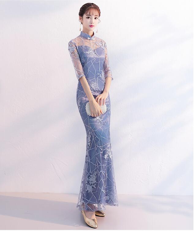 チャイナドレス タイトドレス ロングドレス パーティードレス イブニングドレス フィッシュテール カクテルドレス レディース 女性 立ち襟 フォーマル 宴会 細身 着痩せ 上品 入学式 七五三 卒業式