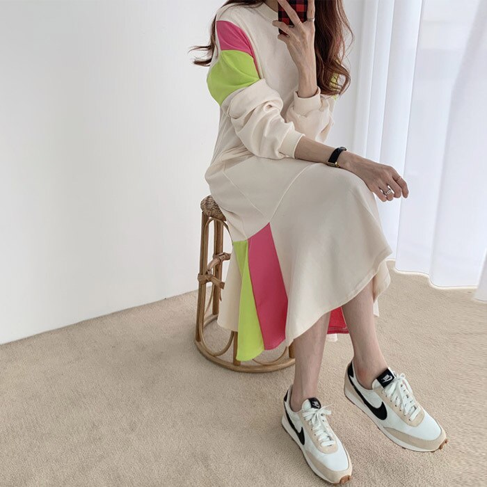 2色 ワンピース 長袖 夏 秋 冬 カジュアル Aライン フレア フレアスカート ミモレ ミモレ丈 ミディアム丈 Uネック ラウンドネック 襟なし ハイウエスト 黒 ブラック 緑 グリーン ピンク オ 6,566円