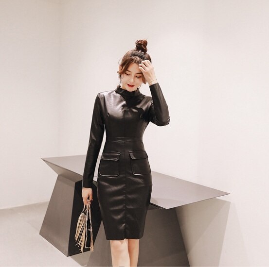 2色 ワンピース 長袖 秋冬 きれいめ タイトワンピース 膝丈 ひざ丈 膝上 膝下 ミモレ ミモレ丈 スリム タイト 細身 ストレート ウエストマーク ハイウエスト 黒 ブラック 茶色 ブラウン 大人