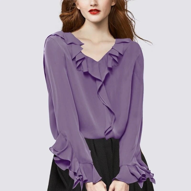 春2024人気新型長袖シャツレディースＶネックフリル長袖着映えシャツの上着 シフォン 5,191円