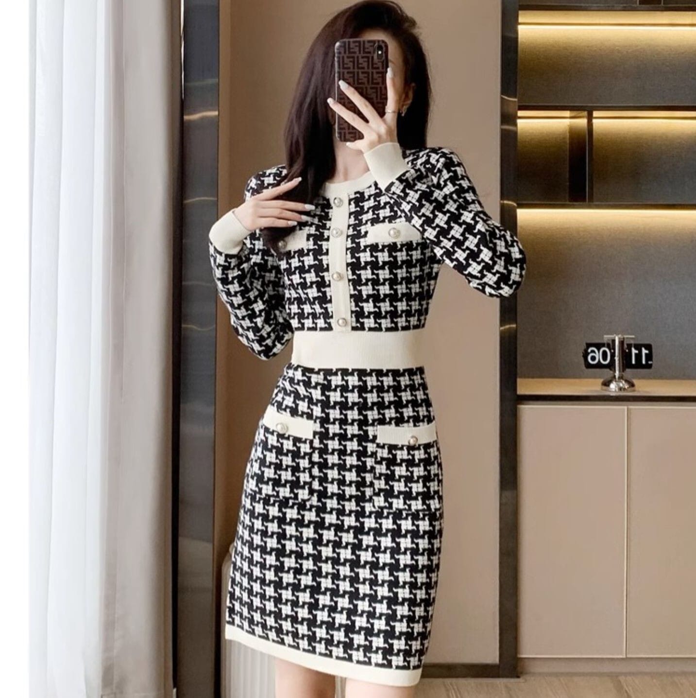 ワンピース ニットワンピース ニットワンピ ミニ ミニ丈 膝上 長袖 ラウンドネック 襟なし スリム スリムフィット ポケット ハイウエスト ポリエステル ニット かわいい 大人可愛い きれいめ