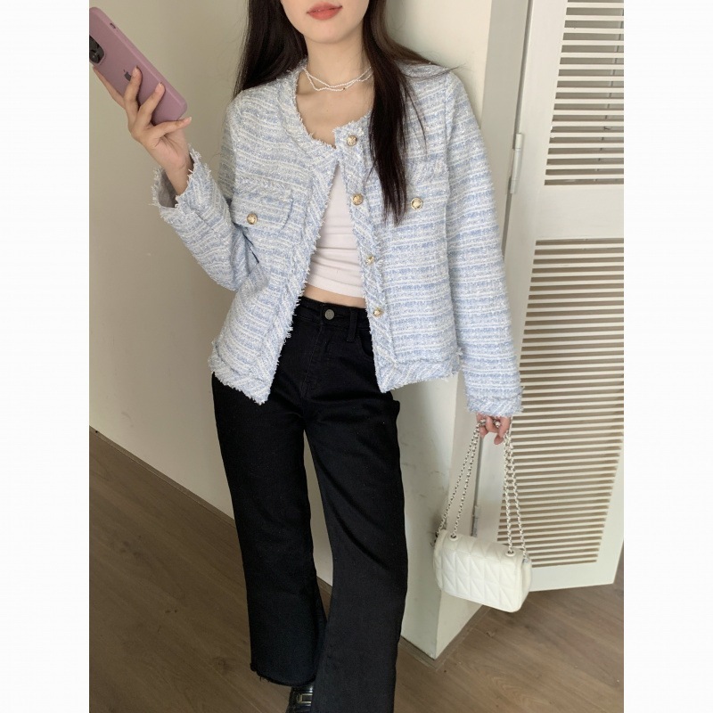 （細工が凝っている）女性のための白い小さなフレグランスジャケット2025年春と秋2025年の新しい小さな人フランスの有名人の気質短いトップ