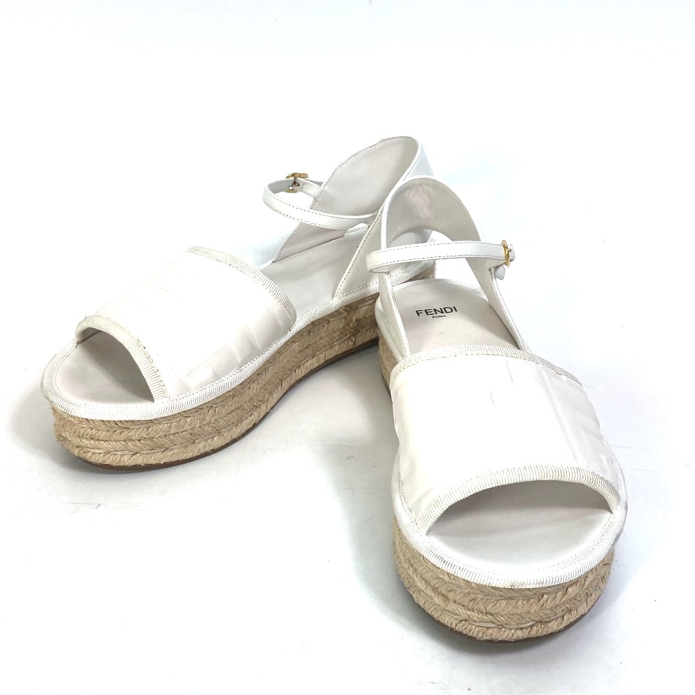 サンダル フェンディ ローム エスパドリーユ プラットフォーム 靴 ベルト ズッカ ロゴ レザー ホワイト