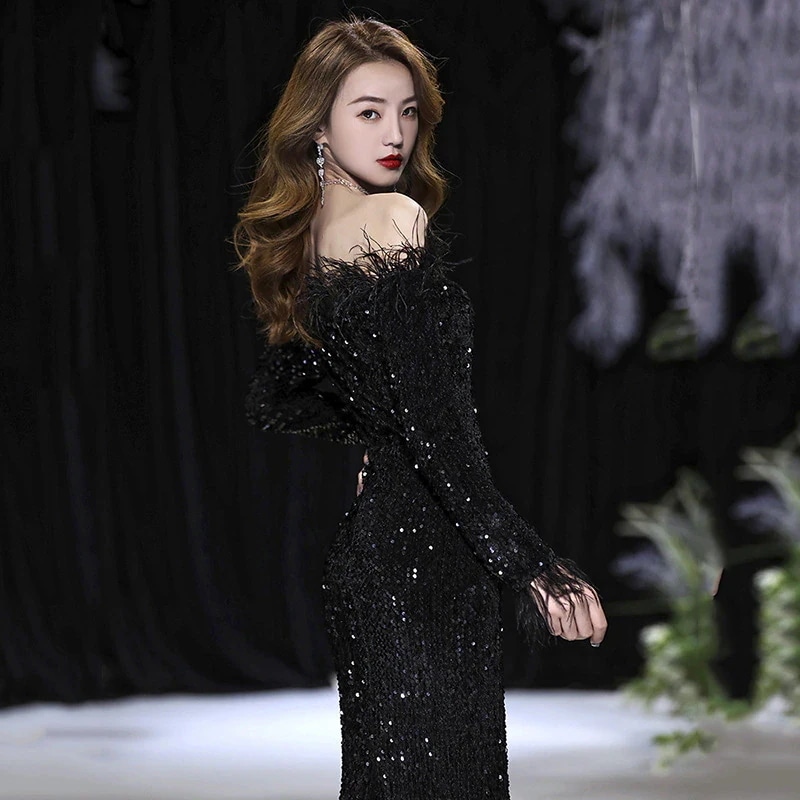 2025 ドレス イブニングドレス重工業高級レディース新しい年次総会宴会気質フィッシュテールフェザードレスブラックホスト