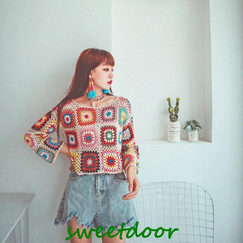 レディース セーター ニット 手編み かぎ編み モチーフ 長袖 フリーサイズ ベージュ レッド ブラック