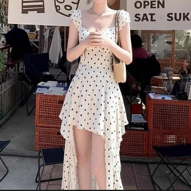 フレンチ 水玉ワンピース 夏 上品 ウエストマーク 痩せ見え アシンメトリー ロング