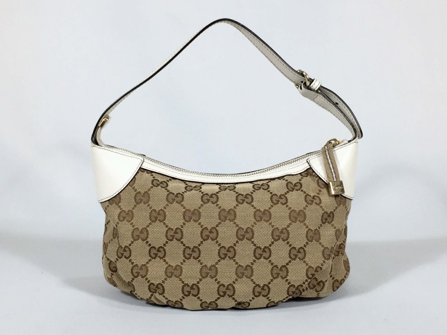 ハンドバッグ キャンバスレザー ベージュホワイト アクセサリーポーチ 中古品