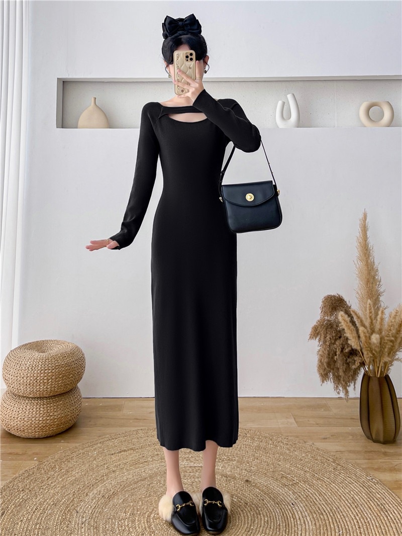 ヘップバーンスタイル黒の長袖ドレスサブ秋と冬の女性の年の新しいフランスのシニアの感覚はパッケージのヒップドレスをニット