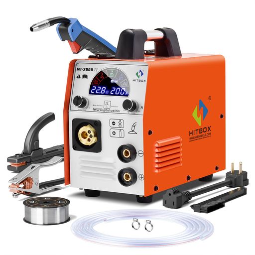 HITBOX 溶接機 半自動溶接機 最大200A大電流 100V/200V兼用 一台四役 ガスMiG/ノンガスMiG/手棒溶接/リフトTIG 定格使用率60% 液晶デジタルパネル シナジーモード搭載