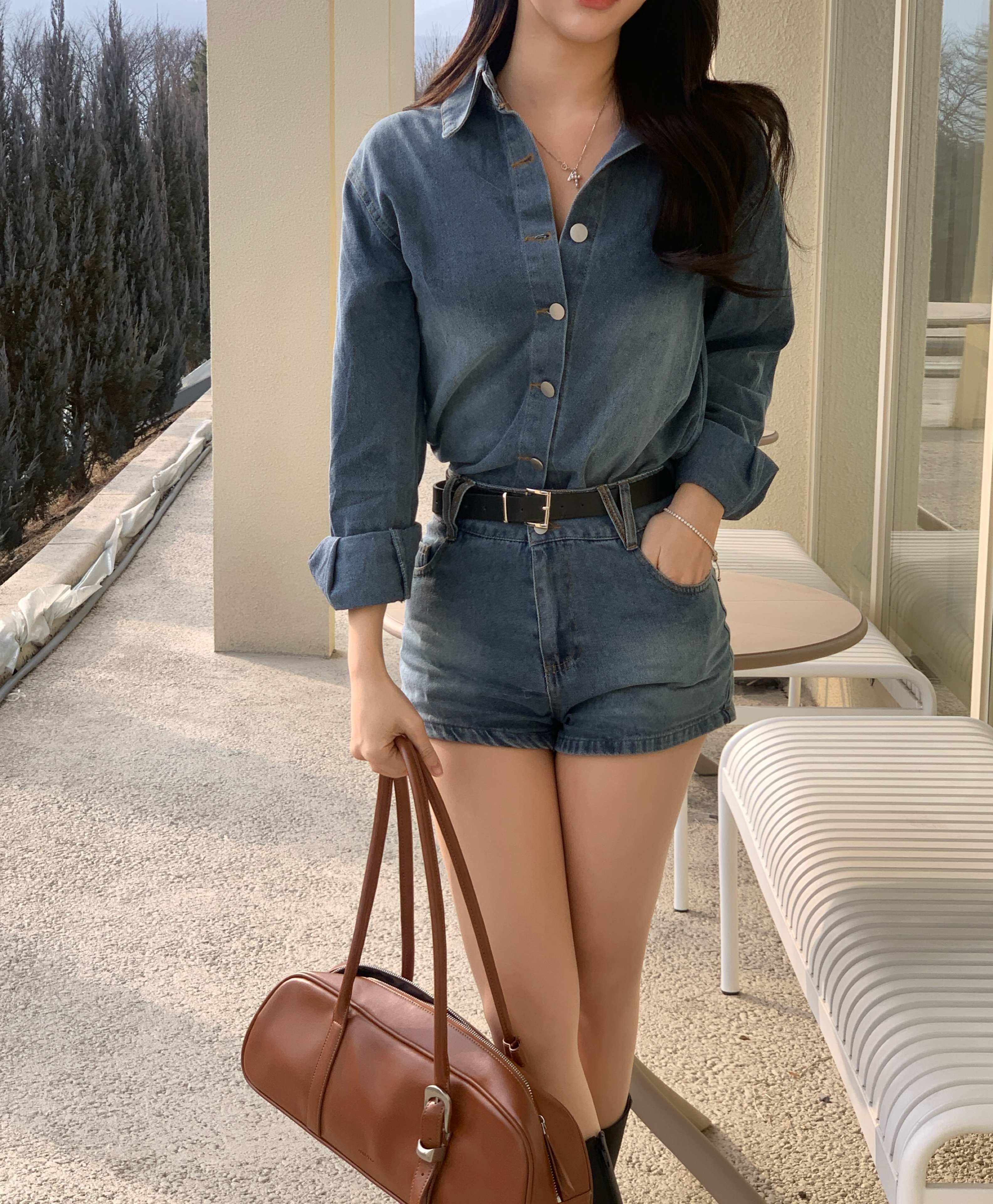 [ピンタールック!/シャツ+パンツ+ベルトset] ピンター デニム set / デニムセット デニムシャツ デニムシャツ デニムシャツ ジーンズ デニムパンツ デニムコーディネート ジャンプスーツ