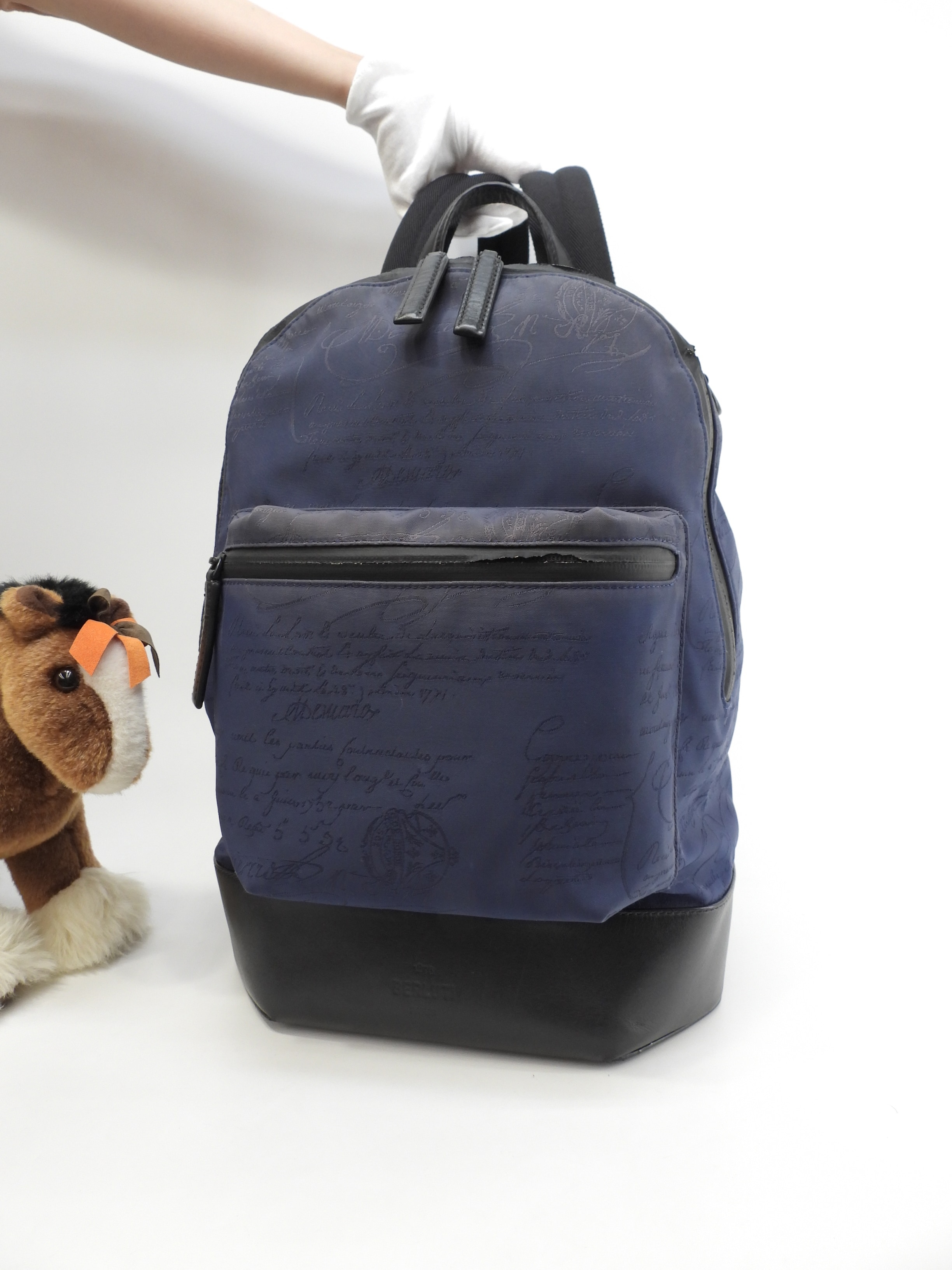 バックパック ボリューム ナイロン青レザー黒 リュックサック カリグラフィ@G0149