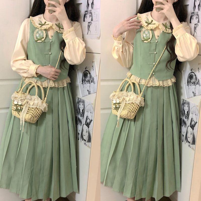 正規品チューリップ新韓国人形襟シャツベスト百フリルスカートセット森系レディース