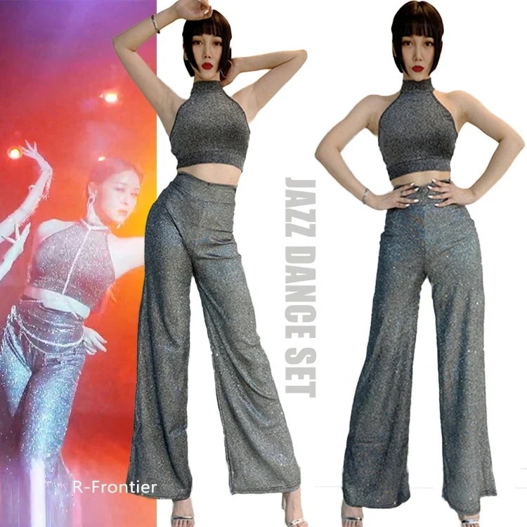 ジャズダンス 衣装 セットアップ シルバー k-pop 衣装 大人 ダンス衣装 レディース セットアップ スパンコール キラキラ ダンス衣装 パンツ 袖なし 上下セット 大人 レディース シルバー ワ