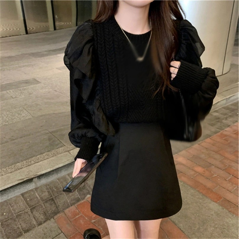 クーポン ニット レディース セーター リブニット 長袖 カットソー tシャツ トップス フリルネック クルーネック 重ね着 蝶結び 薄手 シンプル 暖かい デイリー カジュアル 通勤 オフィス 普段