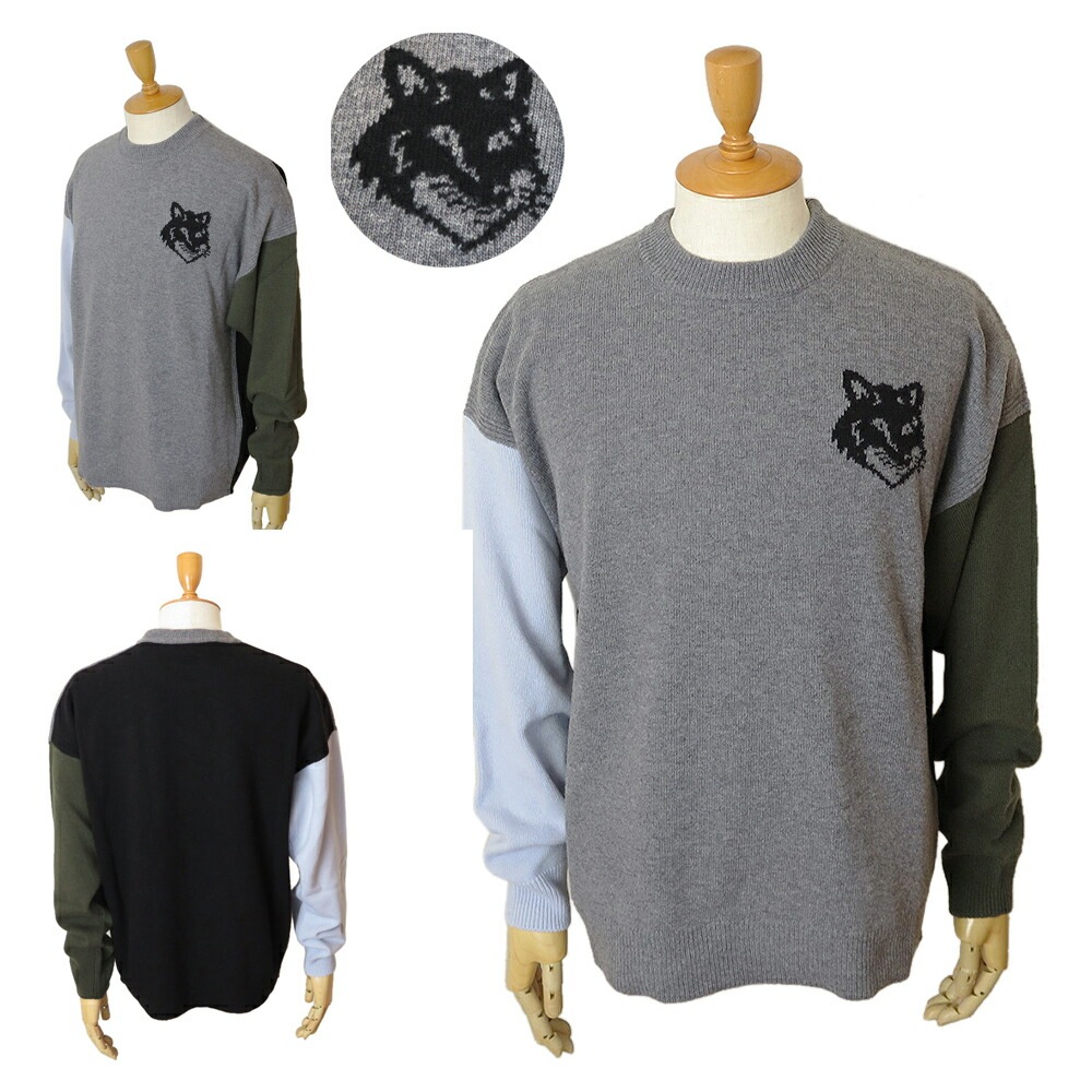 セーター メンズ LM00809KT1063 H152 フォックスヘッド インターシャ コンフォート カラーブロック ジャンパー ニット グレーメランジュ ブラック