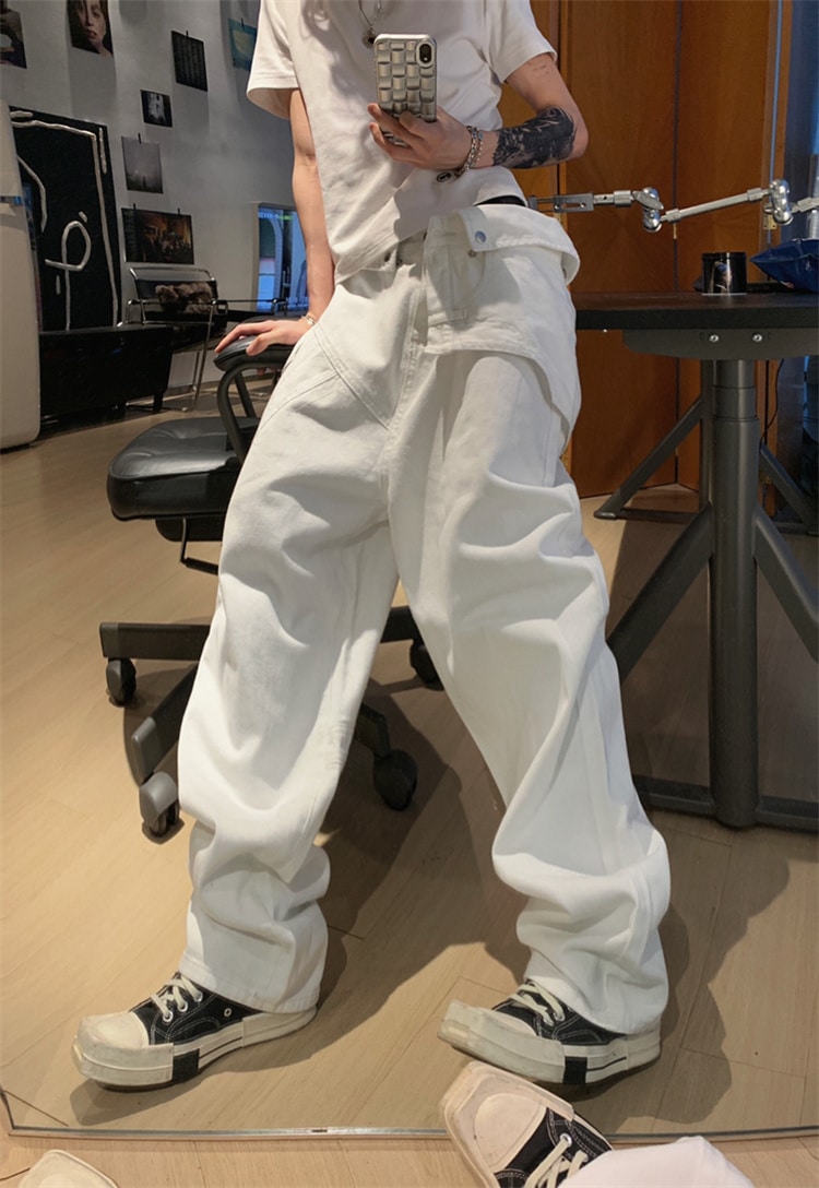 早い者勝ち カップル服 スラックス チノパンツ 2024夏 フェイク2ピース ジーンズ アメリカン ハイストリート ストレート デザインセンス ロングパンツ トレンド