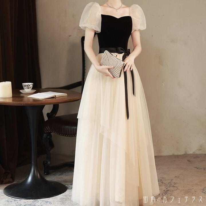 【大好評！最安値挑戦!】レディース ドレス パーティードレス ワンピース ロング丈 マキシ丈 スクエアネック ふんわり袖F937