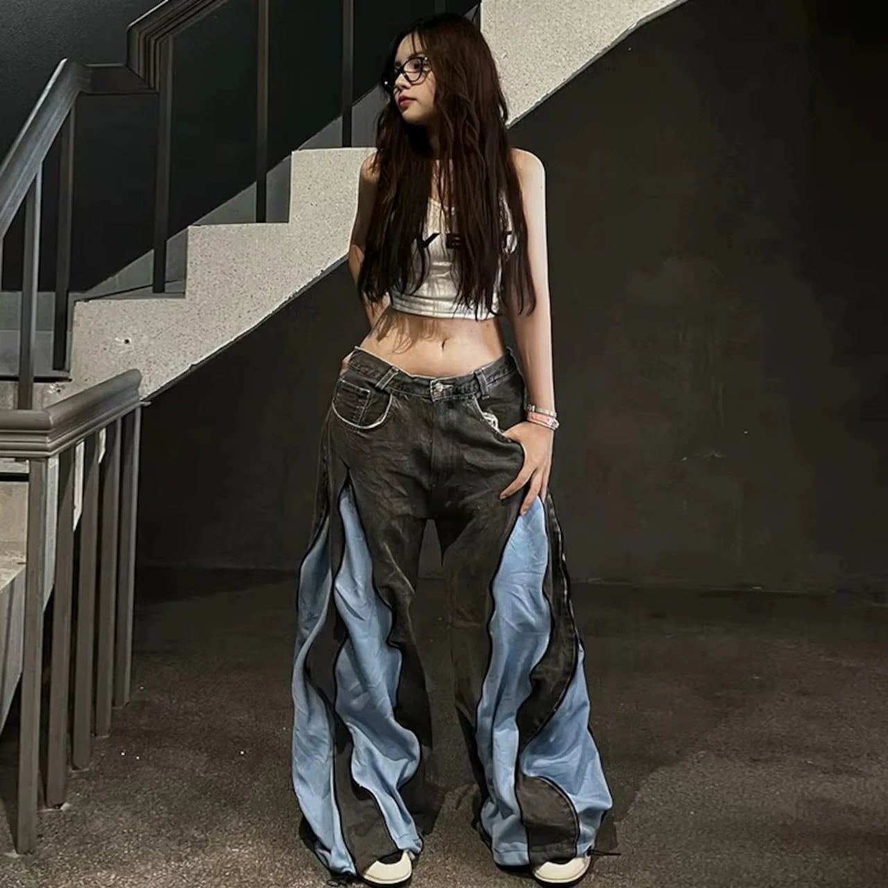 2025春夏 ファスナー 切替 フレア ロング パンツ 2way 配色 バイカラー 韓国 ストリート系 Y2K ダンス 衣装 K-POP レディース ファッション