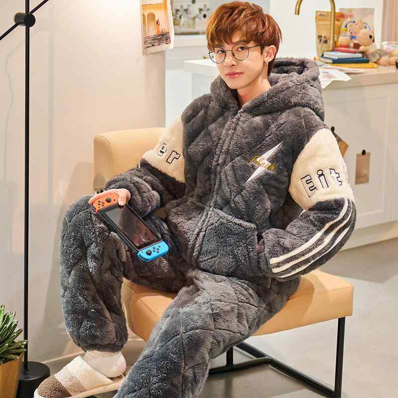 パジャマ メンズ 男性用 冬用 上下セット フリース 厚手 暖か 部屋着 ルームウェア 寝巻き 長袖 長ズボン 快適 保温 ポリエステル ゆったり