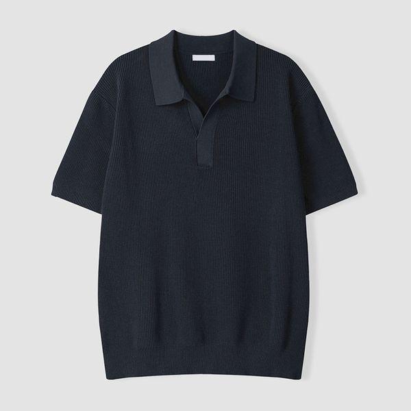 メンズ ハチ オープン カラーネック オーバーサイズ 半袖 ニットTシャツ AS KNH Q018 ネイビー_P422498462
