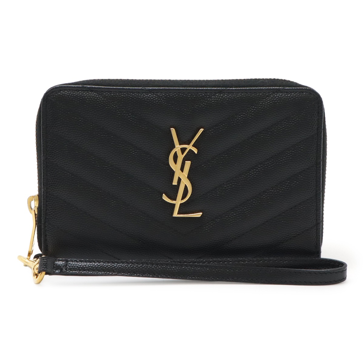 YSL イブサンローラン カサンドラ ラウンドファスナー財布 Vステッチ レザー ブラック 黒 ゴールド金